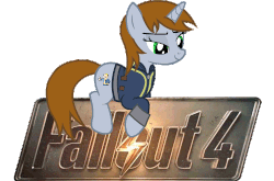 Size: 500x330 | Tagged: safe, artist:tiredbrony, oc, oc only, oc:littlepip, pony, unicorn, fallout equestria, animated, bedroom eyes, clothes, discussion in the comments, eyebrow wiggle, fallout 4, fanfic, fanfic art, female, frown, gif, glare, jumpsuit, looking at you, mare, overwatch, petting, prone, punch, simple background, smiling, solo, transparent background, vault boy, vault suit