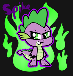 Size: 640x660 | Tagged: safe, artist:cloudyzu, spike, dragon, g4, black background, fire, green fire, male, simple background, smiling, solo, title card