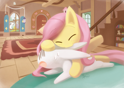 Size: 1209x860 | Tagged: safe, artist:howxu, angel bunny, discord, fluttershy, pony, rabbit, g4, :o, animal, blushing, cuddling, cute, duo focus, ear bite, eyes closed, grin, howxu is trying to murder us, nom, open mouth, shyabetes, smiling, sweat, tiny, tiny ponies, weapons-grade cute