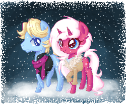 Size: 404x335 | Tagged: safe, artist:ne-chi, oc, oc only, oc:charmant romantique, oc:iconicflash, animated, blinking, clothes, pixel art, scarf, snow, winter