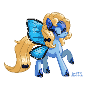 Size: 175x175 | Tagged: safe, artist:fadedsketch, oc, oc only, oc:blue peleide, butterfly, butterfly pony, original species, eyes closed, pixel art, raised hoof, simple background, solo, transparent background