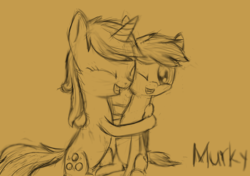 Size: 2893x2039 | Tagged: artist needed, safe, oc, oc only, oc:glimmerlight, oc:murky, fallout equestria, fallout equestria: murky number seven, high res, hug, murkylight, sketch