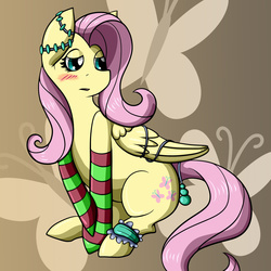 Size: 1280x1280 | Tagged: safe, artist:wetfox, fluttershy, g4, bedroom eyes, blushing, bound wings, clothes, cutie mark, earring, female, piercing, sitting, socks, solo, striped socks, tail wrap, thigh highs