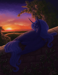 Size: 2000x2600 | Tagged: safe, artist:luvvandra, princess luna, g4, eyes closed, female, high res, prone, solo, sunset, twilight (astronomy), wall