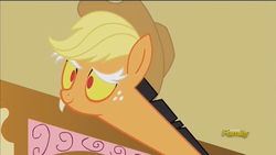Size: 854x480 | Tagged: safe, screencap, applejack, discord, draconequus, g4, season 5, what about discord?, applecord (fusion), applejack's hat, cowboy hat, discovery family, discovery family logo, hat, logo, male, solo