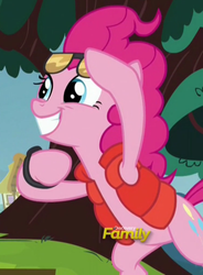 Size: 748x1014 | Tagged: safe, screencap, pinkie pie, pony, g4, what about discord?, back to the future, female, mare, pinkie mcpie, smiling, solo, sunglasses, unfortunate logo placement