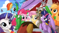 Size: 2560x1440 | Tagged: safe, alternate version, artist:mysticalpha, applejack, discord, fluttershy, pinkie pie, rainbow dash, rarity, spike, twilight sparkle, alicorn, pony, g4, what about discord?, cupcake, fanning, feather, female, levitation, magic, mane seven, mane six, mare, nail file, silhouette, telekinesis, that was fast, towel, twilight sparkle (alicorn)