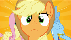 Size: 1920x1080 | Tagged: safe, screencap, applejack, fluttershy, rainbow dash, earth pony, pegasus, pony, g4, season 5, what about discord?, applejack is not amused, cute, female, frown, glare, jackabetes, looking at you, mare, solo focus, unamused