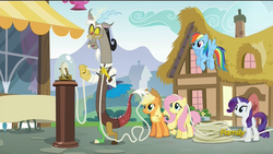 Size: 1920x1080 | Tagged: safe, screencap, applejack, discord, fluttershy, rainbow dash, rarity, g4, what about discord?, stock ticker