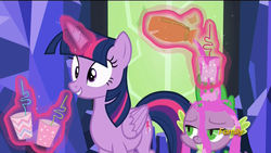 Size: 1920x1080 | Tagged: safe, screencap, spike, twilight sparkle, alicorn, pony, g4, what about discord?, crazy straw, cup, female, magic, mare, potion, pouring, twilight sparkle (alicorn), unamused