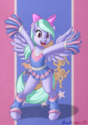 Size: 679x960 | Tagged: safe, artist:brianblackberry, flitter, pony, semi-anthro, g4, abstract background, bipedal, cheerleader, clothes, dress, female, hair bow, leg warmers, signature, solo, standing, tail