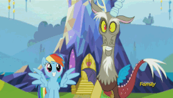 Size: 500x281 | Tagged: safe, screencap, discord, rainbow dash, draconequus, pegasus, pony, g4, what about discord?, animated, cute, dashabetes, discovery family, discovery family logo, discute, twilight's castle