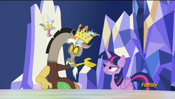 Size: 1920x1080 | Tagged: safe, screencap, discord, twilight sparkle, alicorn, pony, g4, what about discord?, crown, discovery family, discovery family logo, female, jewelry, logo, mare, regalia, twilight sparkle (alicorn)