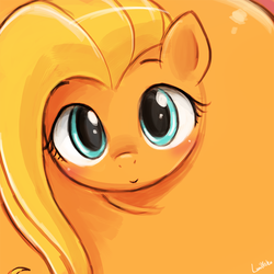 Size: 750x750 | Tagged: safe, artist:lumineko, fluttershy, g4, what about discord?, cute, female, flutterrange, looking at you, orange, smiling, solo, that was fast