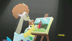 Size: 500x281 | Tagged: safe, screencap, discord, draconequus, g4, what about discord?, animated, bob ross, brush, canvas, discovery family, discovery family logo, draconiross, easel, gif, male, painting, palette, parody, solo
