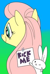 Size: 625x920 | Tagged: safe, artist:andy price, artist:ced75, angel bunny, fluttershy, g4, angel is a bunny bastard, bust, colored, duo, kick me, pure unfiltered evil, this will end in tears, thumbs up