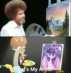 Size: 1000x1024 | Tagged: safe, screencap, discord, twilight sparkle, human, g4, my little pony: friendship is magic, what about discord?, art, bob ross, discord's painting, discovery family logo, draconiross, exploitable meme, irl, irl human, meme, photo, that's my x, the joy of painting, twilight sparkle (alicorn)