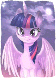 Size: 491x679 | Tagged: safe, twilight sparkle, alicorn, bat pony, pony, g4, what about discord?, :i, angry, animated, bat wings, discord's painting, female, frown, glare, gritted teeth, looking at you, mare, painting, smiling, solo, spread wings, twilight sparkle (alicorn)
