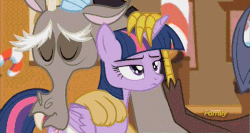 Size: 600x320 | Tagged: safe, screencap, discord, twilight sparkle, alicorn, pony, g4, what about discord?, animated, boing, discovery family logo, female, floppy horn, frown, gif, horn, horn flick, loop, mare, petting, twilight sparkle (alicorn), twilight sparkle is not amused, unamused