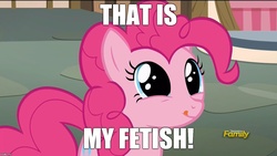 Size: 1280x720 | Tagged: safe, edit, edited screencap, screencap, pinkie pie, g4, what about discord?, caption, discovery family logo, female, image macro, licking, licking lips, meme, reaction image, solo, that is my fetish, tongue out
