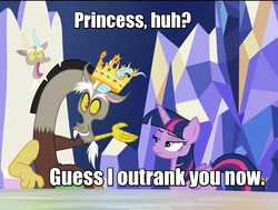 Size: 1430x1080 | Tagged: safe, screencap, discord, twilight sparkle, alicorn, draconequus, pony, g4, season 5, what about discord?, crown, discovery family logo, duo, female, friendship throne, frown, grin, image macro, king, king discord, lidded eyes, looking at each other, male, mare, meme, smiling, throne, twilight sparkle (alicorn), twilight sparkle is not amused, unamused