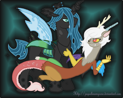 Size: 900x716 | Tagged: dead source, safe, artist:jaquelindreamz, discord, queen chrysalis, changeling, draconequus, g4, abstract background, changeling king, eris, king metamorphosis, rule 63