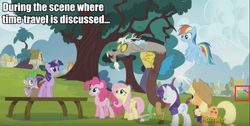 Size: 1918x968 | Tagged: safe, edit, edited screencap, screencap, applejack, discord, fluttershy, pinkie pie, rainbow dash, rarity, spike, starlight glimmer, twilight sparkle, alicorn, pony, g4, what about discord?, adventure in the comments, caption, discovery family logo, faic, female, foreshadowing, it's happening, larson you magnificent bastard, low quality, mane six, mare, starlight stalker, text, twilight sparkle (alicorn)