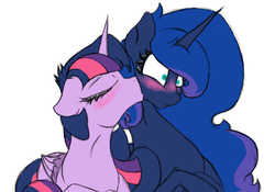 Size: 1000x700 | Tagged: safe, artist:notaguitarfret, princess luna, twilight sparkle, alicorn, pony, g4, blushing, cheek kiss, duo, female, kissing, lesbian, mare, prone, ship:twiluna, shipping, simple background, twilight sparkle (alicorn)