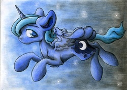 Size: 1024x728 | Tagged: safe, artist:rainbowshine94, princess luna, g4, female, flying, s1 luna, solo, watermark