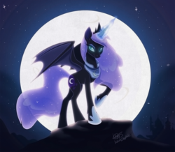 Size: 1500x1308 | Tagged: dead source, safe, artist:kawaiidogarts, nightmare moon, alicorn, pony, the moon rises, alternate design, bat wings, canterlot, crown, ethereal mane, female, full moon, glowing horn, hoof fluff, hoof shoes, horn, jewelry, looking at you, majestic, mare, moon, night, night sky, raised hoof, regalia, rock, signature, sky, slit pupils, smiling, solo, spread wings, standing, starry mane, starry night, starry tail, stars, wings