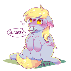 Size: 900x900 | Tagged: safe, artist:nanghyang, derpy hooves, pegasus, pony, g4, blushing, cute, derpabetes, dialogue, female, floppy ears, letter, mare, mouth hold, simple background, sitting, solo, speech bubble, transparent background
