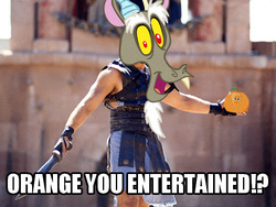 Size: 610x458 | Tagged: safe, discord, fluttershy, g4, what about discord?, are you not entertained?, flutterrange, gladiator, image macro, meme, pun