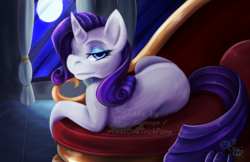 Size: 917x593 | Tagged: safe, artist:thatonetrickpony, rarity, g4, fainting couch, female, moon, prone, solo, watermark