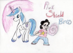 Size: 1024x744 | Tagged: dead source, safe, shining armor, gem (race), human, hybrid, pony, unicorn, g4, crossover, duo, duo male, male, shield, stallion, steven quartz universe, steven universe