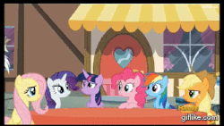Size: 359x202 | Tagged: safe, screencap, applejack, discord, fluttershy, pinkie pie, rarity, twilight sparkle, alicorn, pony, g4, what about discord?, animated, discovery family logo, doc brown, doc cord, female, giflike.com, mare, twilight sparkle (alicorn)