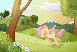 Size: 2790x1900 | Tagged: safe, artist:patchnpaw, fluttershy, g4, the cutie mark chronicles, eyes closed, female, filly, filly fluttershy, happy, scene interpretation, solo