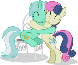 Size: 1074x900 | Tagged: safe, artist:seahawk270, bon bon, lyra heartstrings, sweetie drops, earth pony, pony, unicorn, g4, season 5, slice of life (episode), ^^, background pony, best friends, bipedal, chair, eyes closed, female, hug, lesbian, ship:lyrabon, shipping, simple background, sitting, smiling, transparent background, vector
