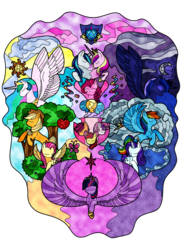 Size: 1024x1408 | Tagged: safe, artist:ryder-of-dragons, apple bloom, applejack, fluttershy, pinkie pie, princess cadance, princess celestia, princess luna, rainbow dash, rarity, scootaloo, shining armor, sweetie belle, twilight sparkle, alicorn, pony, g4, alicorn tetrarchy, cutie mark crusaders, eyes closed, female, mane six, mare, spread wings, twilight sparkle (alicorn), watermark