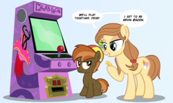 Size: 1000x598 | Tagged: safe, artist:pixelkitties, button mash, oc, oc:cream heart, earth pony, pony, tatzlwurm, g4, arcade, arcade game, bits, colt, earth pony oc, female, foal, joke, male, mare, mother and child, mother and son, open mouth, parody, pun, raised hoof, sitting, speech bubble, talking, tremors