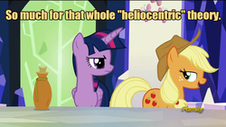 Size: 960x540 | Tagged: safe, edit, edited screencap, screencap, applejack, twilight sparkle, alicorn, pony, g4, what about discord?, discovery family logo, female, heliocentric theory, image macro, mare, meme, twilight sparkle (alicorn)