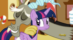 Size: 720x396 | Tagged: safe, screencap, discord, twilight sparkle, alicorn, pony, g4, what about discord?, animated, boing, discovery family logo, female, floppy horn, frown, horn, horn flick, mare, petting, twilight sparkle (alicorn), twilight sparkle is not amused, unamused