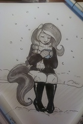 Size: 2432x3627 | Tagged: safe, artist:askbubblelee, oc, oc only, oc:bubble lee, oc:imago, unicorn, anthro, anthro oc, clothes, coat, cute, eyes closed, freckles, high res, ocbetes, sketch, snow, snowfall, solo, traditional art