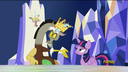 Size: 1600x900 | Tagged: safe, screencap, discord, twilight sparkle, alicorn, draconequus, pony, g4, what about discord?, crown, discovery family logo, female, friendship throne, king discord, male, mare, throne, twilight sparkle (alicorn), unamused