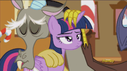 Size: 1920x1080 | Tagged: safe, screencap, discord, twilight sparkle, alicorn, pony, g4, what about discord?, animated, boing, discovery family logo, female, floppy horn, frown, horn, horn flick, loop, mare, petting, twilight sparkle (alicorn), twilight sparkle is not amused, unamused