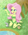 Size: 1390x1700 | Tagged: dead source, safe, artist:kittyprints91, fluttershy, bird, dryad, nymph, rabbit, equestria girls, g4, animal, female, flutterdryad, grass, leaf bikini, nature, open mouth, pond, sitting, solo, species swap, tree trunk, water