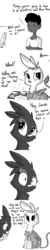 Size: 806x4030 | Tagged: safe, artist:tjpones, oc, oc only, oc:gerdie, griffon, human, horse wife, blushing, comic, cute, grayscale, griffon oc, monochrome, oven mitts, scratches, threat, tumblr
