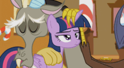 Size: 634x351 | Tagged: safe, screencap, discord, twilight sparkle, alicorn, pony, g4, what about discord?, animated, boing, discovery family logo, female, floppy horn, horn, horn flick, mare, petting, twilight sparkle (alicorn), twilight sparkle is not amused, unamused