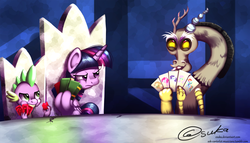 Size: 1925x1100 | Tagged: safe, artist:esuka, discord, spike, twilight sparkle, alicorn, pony, g4, what about discord?, annoyed, book, card, female, gem, mare, ruby, twilight sparkle (alicorn)