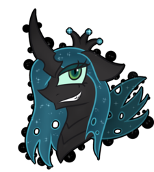 Size: 1224x1363 | Tagged: dead source, safe, artist:mistresscorruption, queen chrysalis, changeling, changeling queen, g4, crown, evil smile, female, grin, hair over one eye, jewelry, regalia, simple background, smiling, solo, transparent background