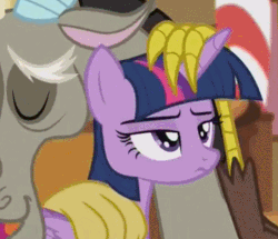 Size: 469x403 | Tagged: safe, screencap, discord, twilight sparkle, alicorn, pony, g4, what about discord?, animated, boing, discord being discord, female, floppy horn, frown, gif, glare, horn, horn flick, mare, petting, twilight sparkle (alicorn), twilight sparkle is not amused, unamused